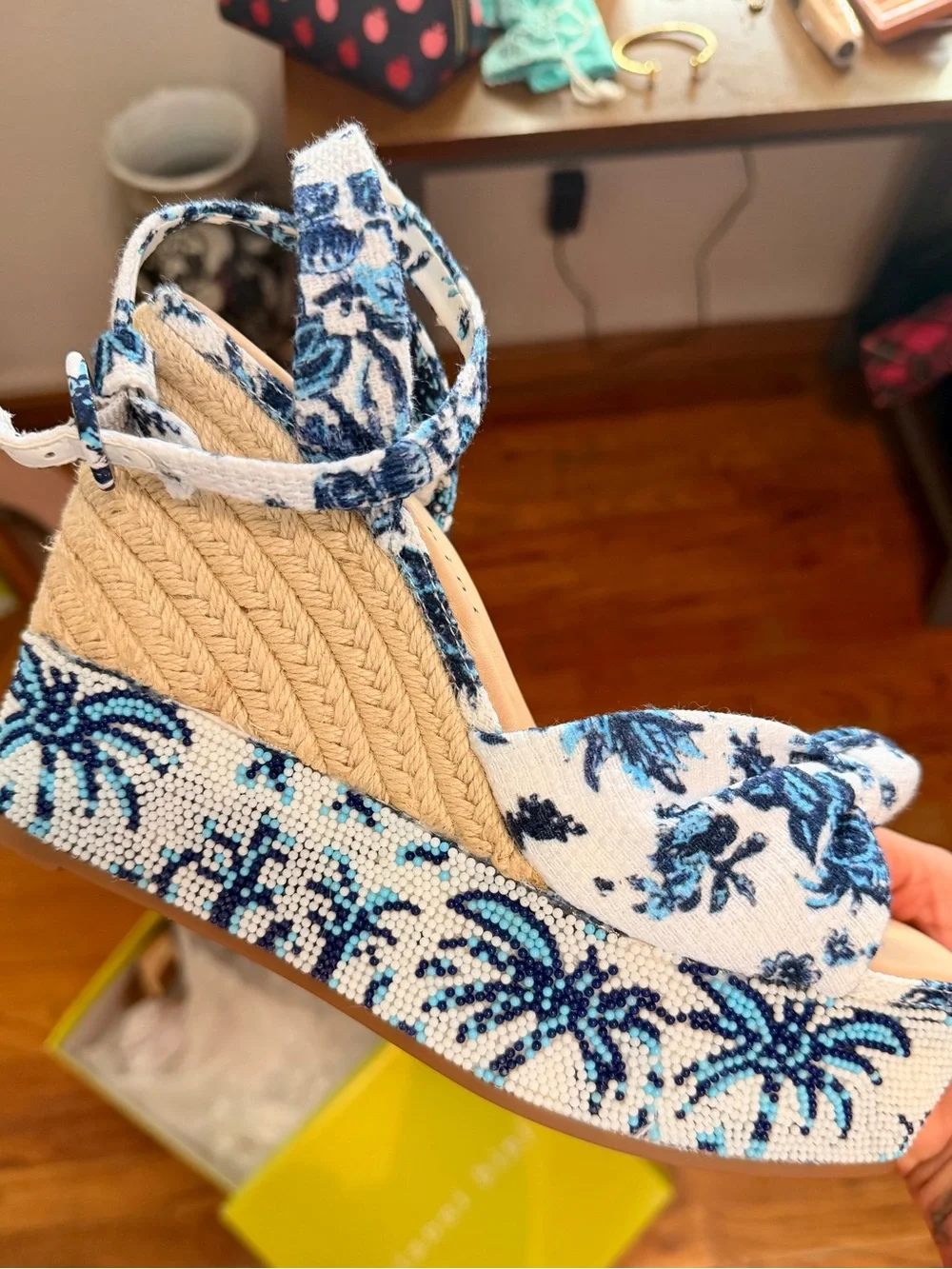 Gianni Bini White & Blue Palm-Print Beaded Espadrille Wedge